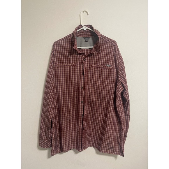 Eddie Bauer Other - Eddie Bauer Mens 2XL Plaid Button Up Shirt Maroon Long Sleeve Roll Tab Utility